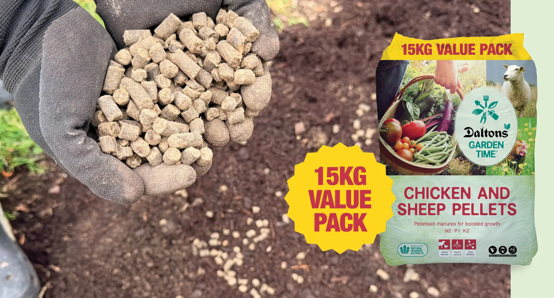 Gloved hands holding Chicken and Sheep pellets beside the Garden Time 15kg value pack bag
